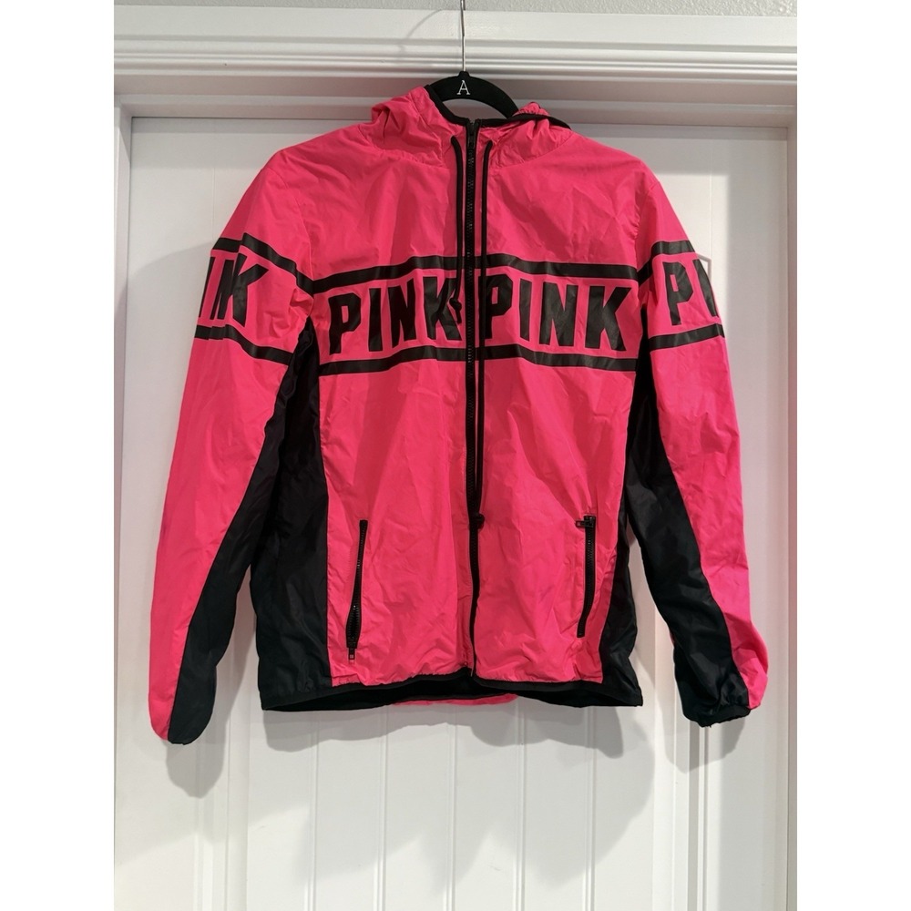 Victoria's Secret PINK Windbreaker Jacket Pink Black Logo XS/S Hooded